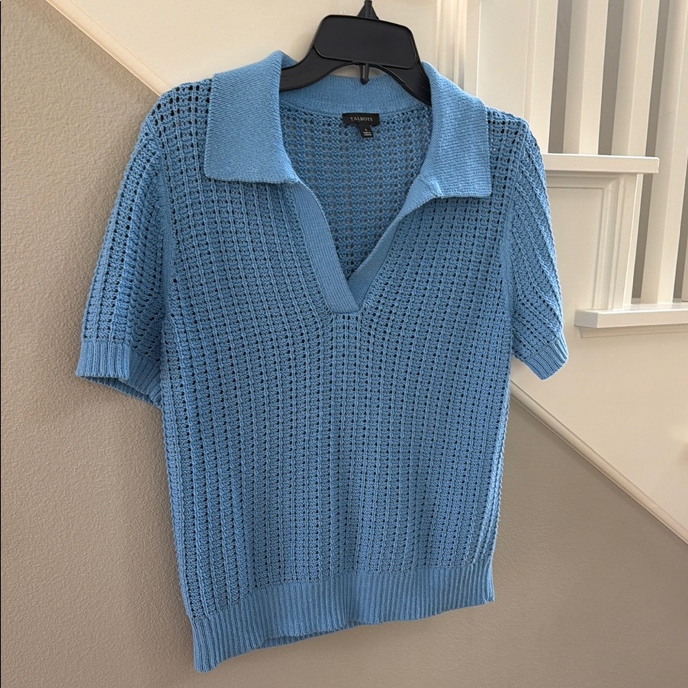 Talbots Sky Blue Open V Knit Polo